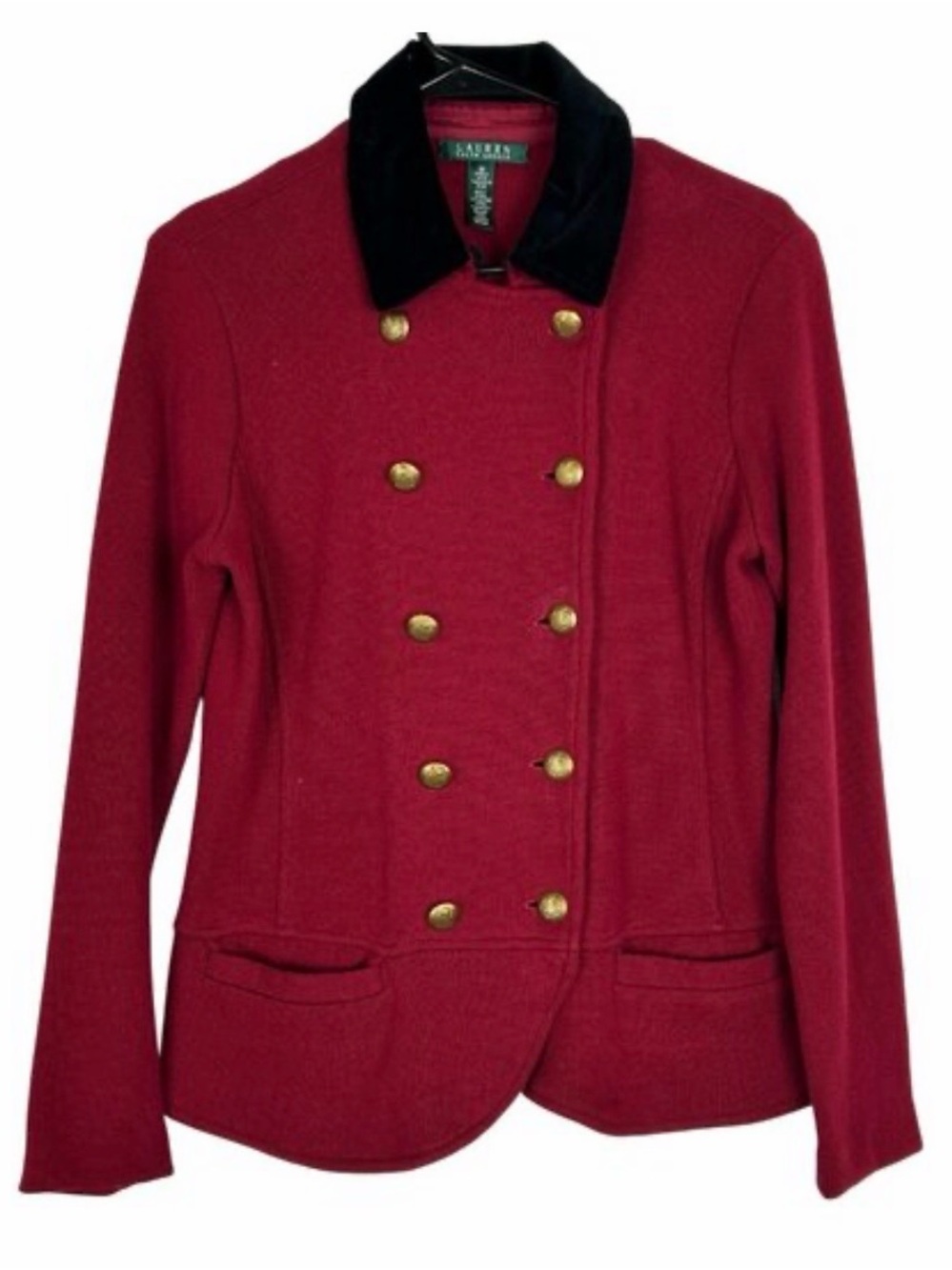 Ralph Lauren Red Double-Breasted Wool Blend Jacket with Black Collar,  size xs
